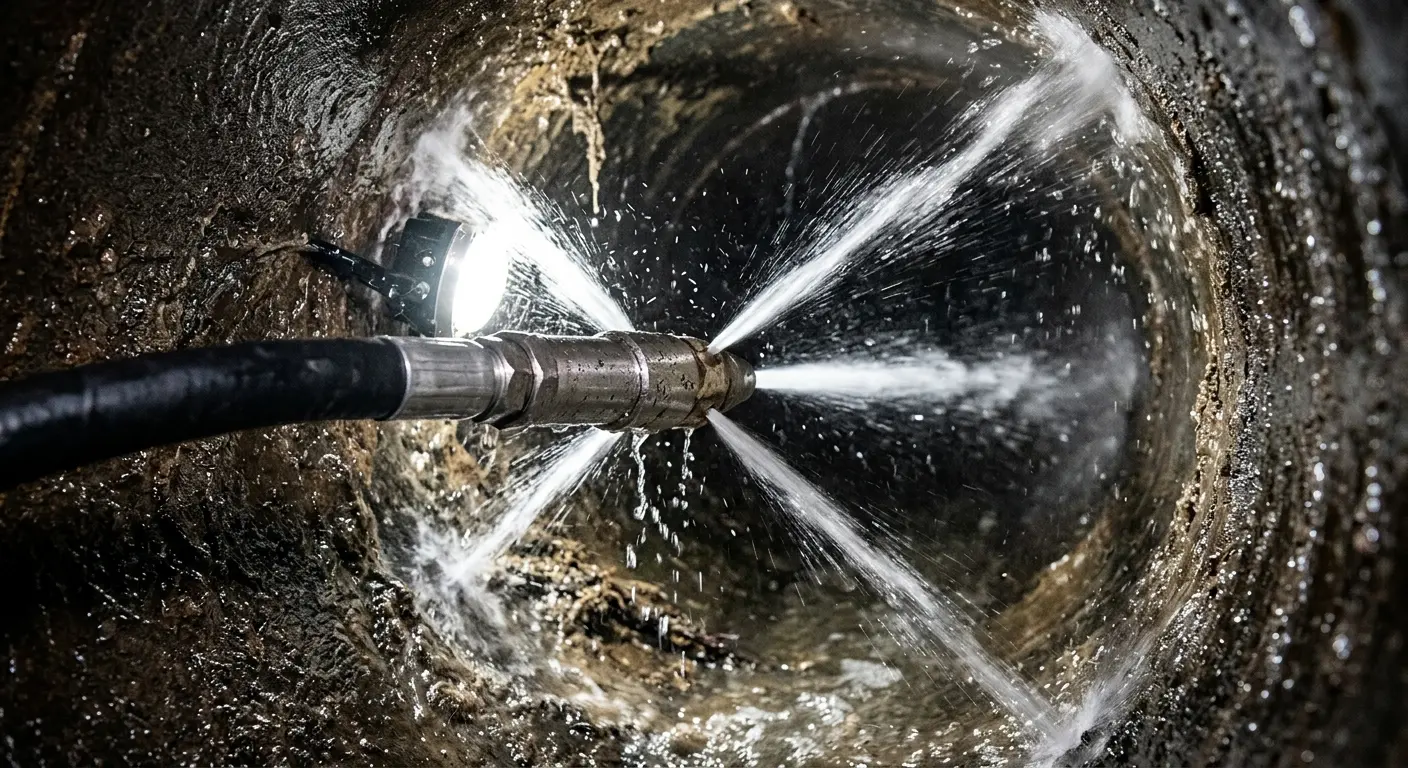 High-pressure hydro jetting nozzle cleaning sewer pipe for Trenchless Sewer Repair in Garwood