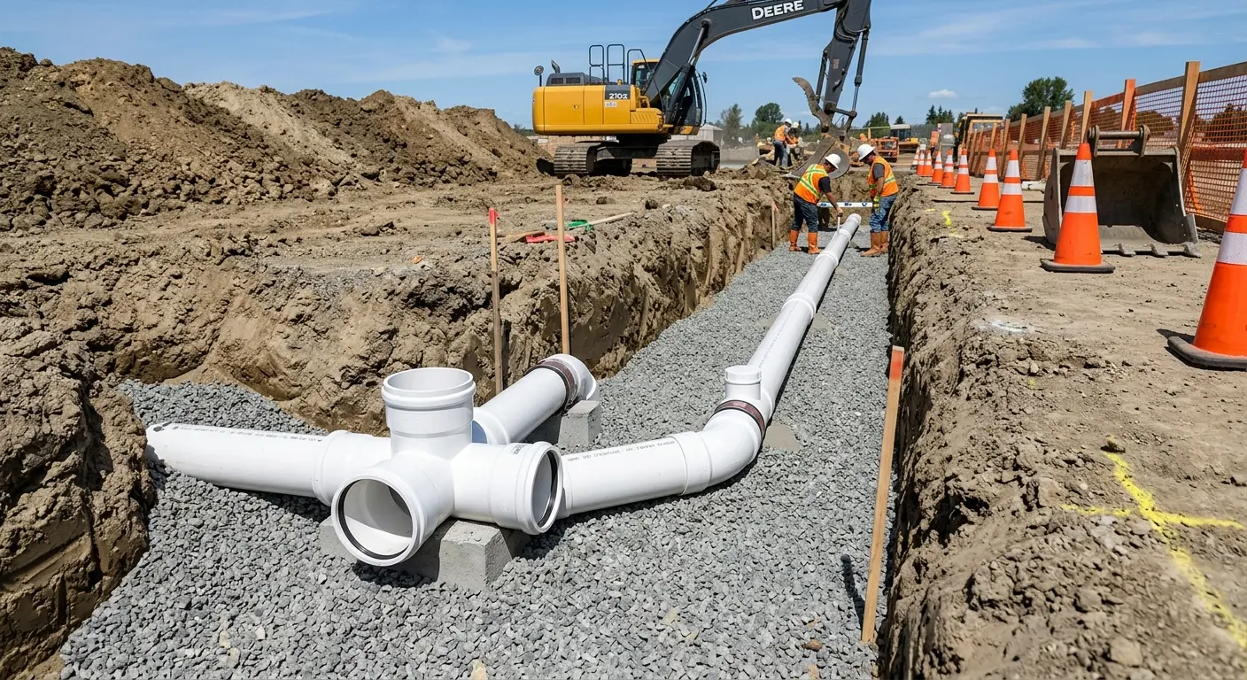 New PVC sewer pipe installation in open trench for Commercial Drain Cleaning in Garwood