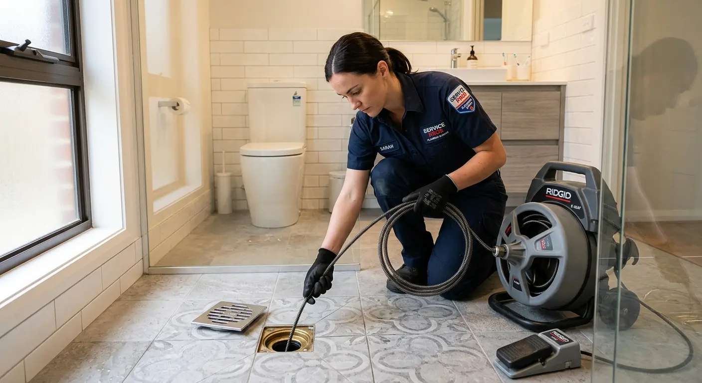 Technician clearing a bathroom floor drain for Hydro Jetting in Garwood